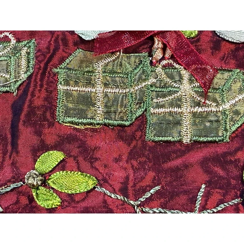 Holiday Christmas Tree Embroidered Table Cloth Shimmery‎ Silky Red Green Trim